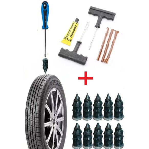 6 Parça Fitilli Lastik Tamir Kiti + 10'lu Kauçuk Tamir Vidası Seti - Otomobil, Motosiklet, Bisiklet Acil Lastik Onarım Seti